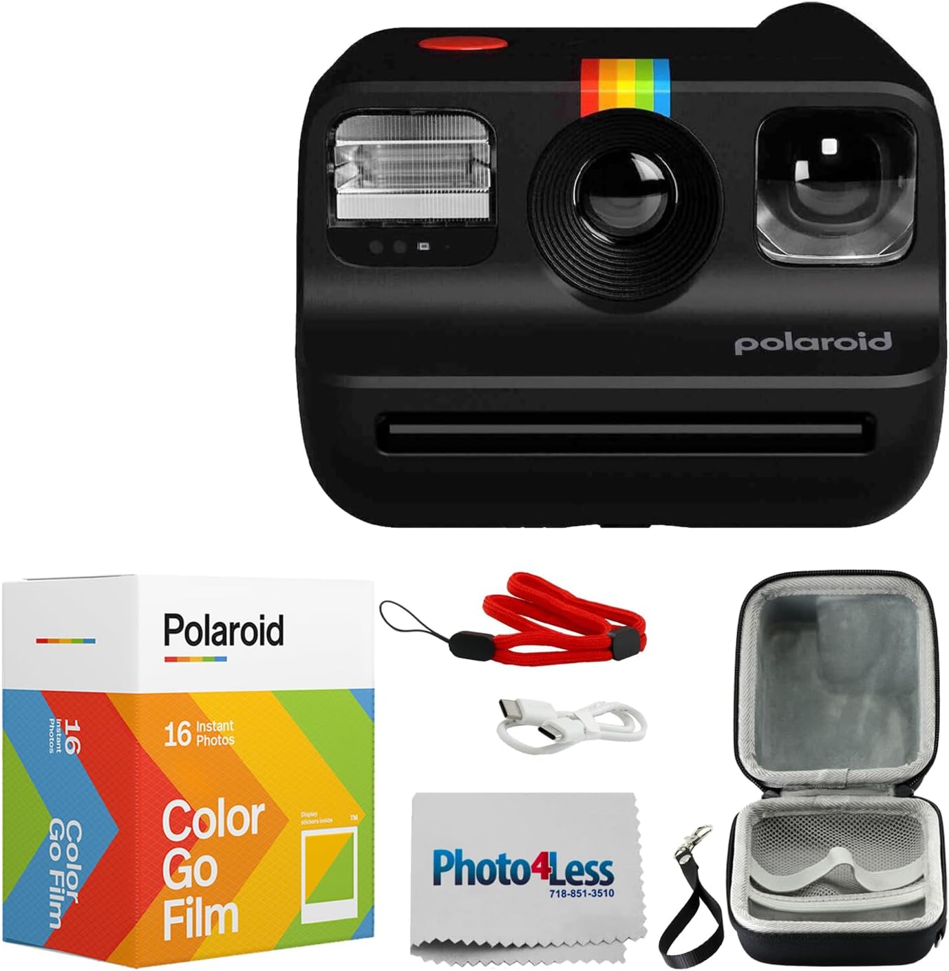 Instant Film Pack - กล้องฟิล์มสำเร็จรูปขนาดมินิ (สีดำ) มาพร้อมฟิล์มสีแบบแพ็คคู่, กระเป๋าใส่แบบแข็ง และผ้าทำความสะอาดเลนส์