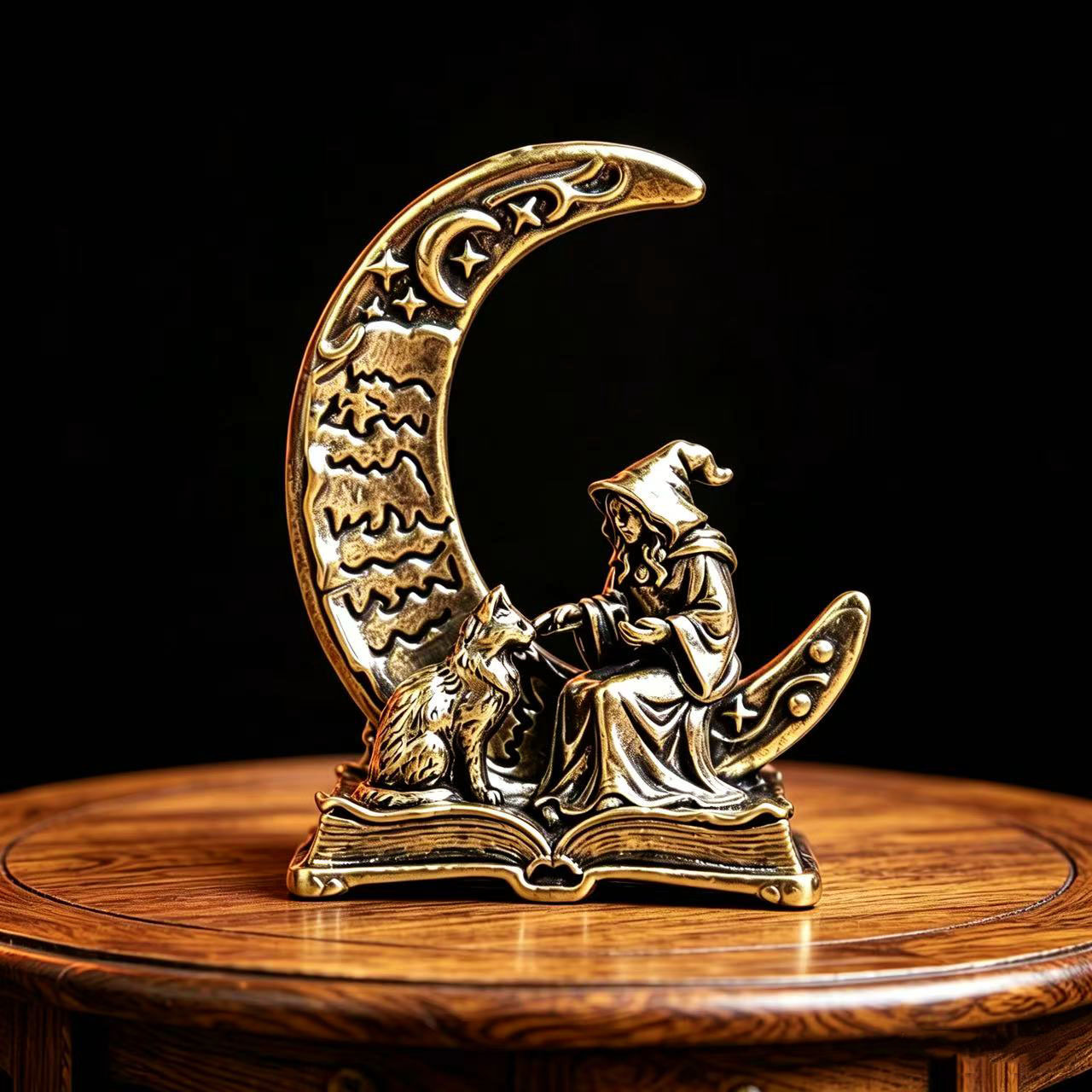 Vintage Collectible Ornaments - เครื่องประดับรูปปั้นแม่มดพระจันทร์ทองเหลืองพร้อมแมว, รูปปั้นแม่มดโลหะสไตล์วินเทจ, เครื่องประดับตั้งโต๊ะฮาโลวีน, ของสะสมและของขวัญ