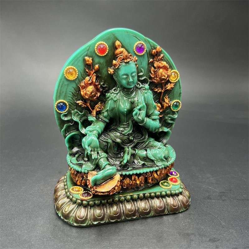 Vintage Collectible Ornaments - รูปปั้นเทราเขียวโบราณของชาวทิเบต ประดับด้วยอัญมณีเทอร์ควอยซ์ ของสะสมหายาก ของตกแต่งบ้านสำหรับการนมัสการ