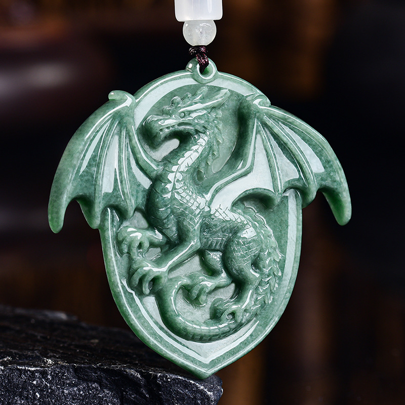 Vintage Necklace - หยกพม่าธรรมชาติ จี้รูปมังกร สร้อยคอ แกะสลักจากอัญมณี ของที่ระลึกโบราณ หรูหรา