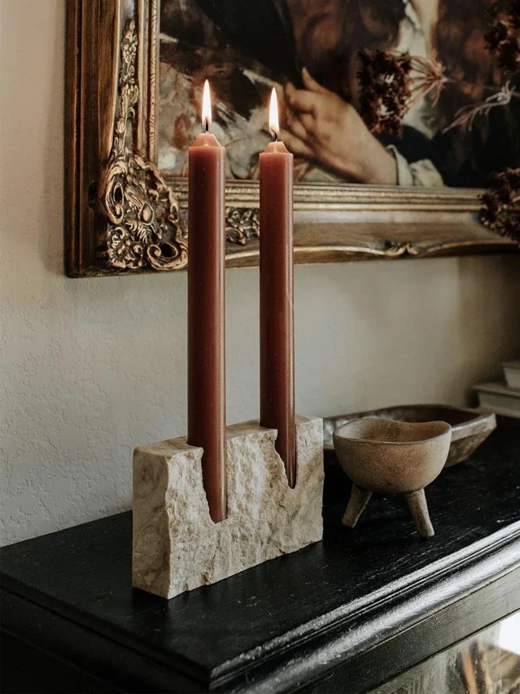 Collectible Vintage Matches - เชิงเทียนหินอ่อน 2 รู สำหรับงานแต่งงาน งานเลี้ยงอาหารค่ำ เชิงเทียนหินทราเวอร์ทีนสไตล์วินเทจสำหรับตกแต่งโต๊ะกลาง
